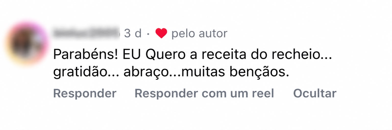 Comentário real no Instagram pedindo a receita do recheio